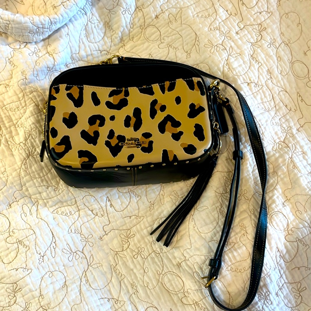 Coach leopard camera crossbody purse- almost New. 8 1/2 x 6